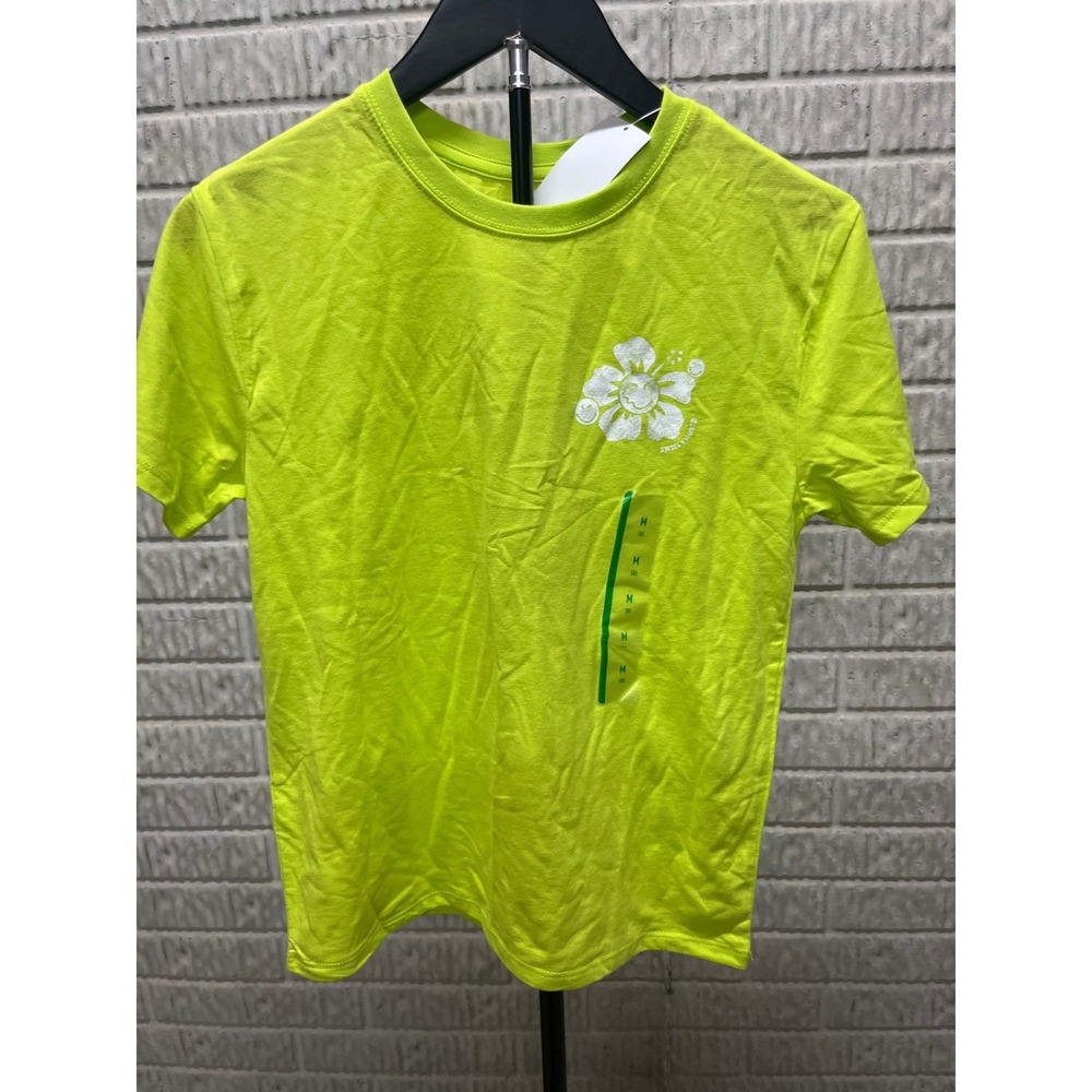 SmileyWorld‎ Kids Neon Lime Green Keep Smiling Hibiscus Graphic T-Shirt Size M 8